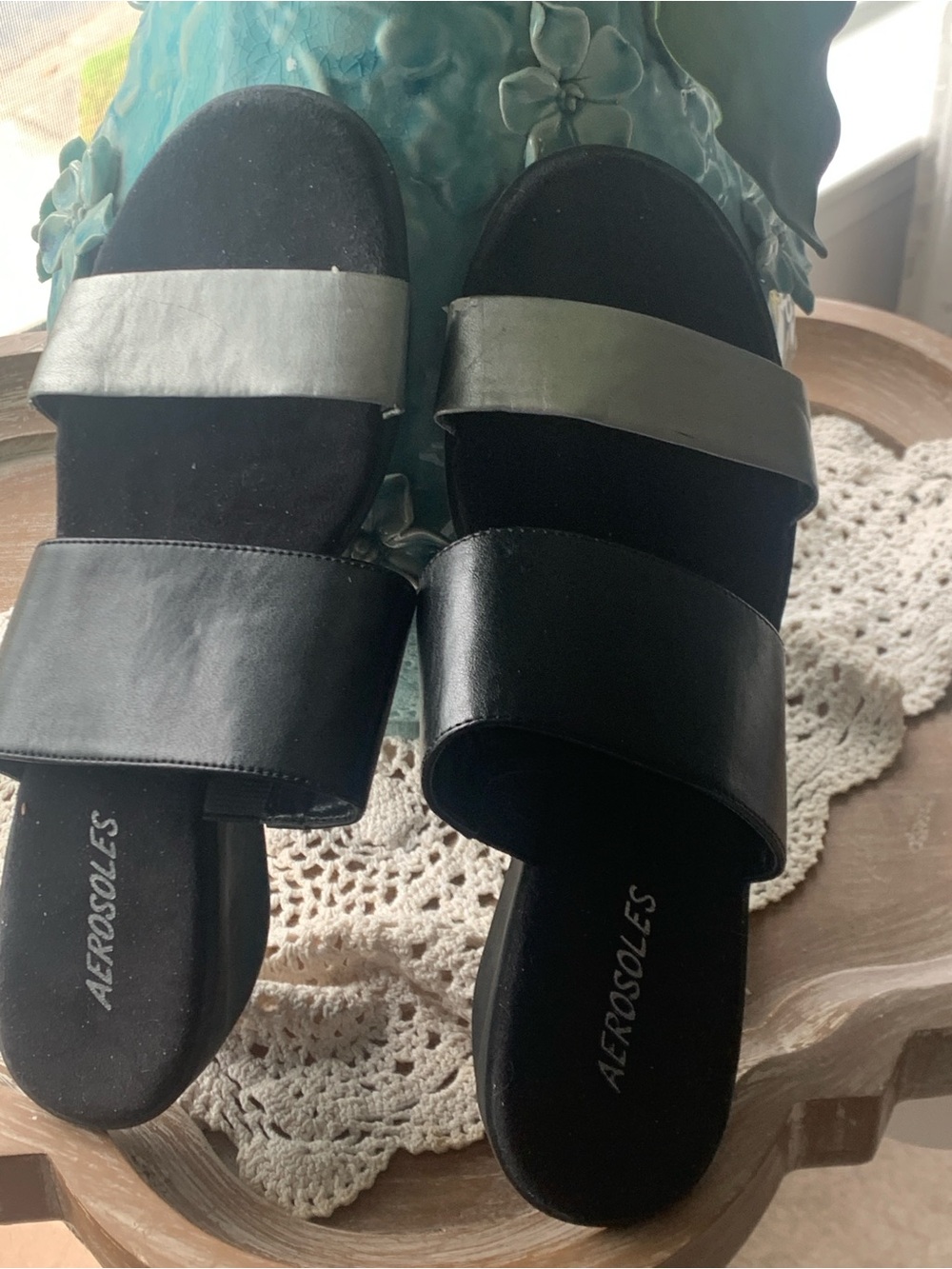 AEROSOLES Black Sandals with Metallic Silver Upper Strap